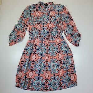 Ladies JUSTIFY dress Size Large Samon w/Geometric Designs Elastic‎ Waist
